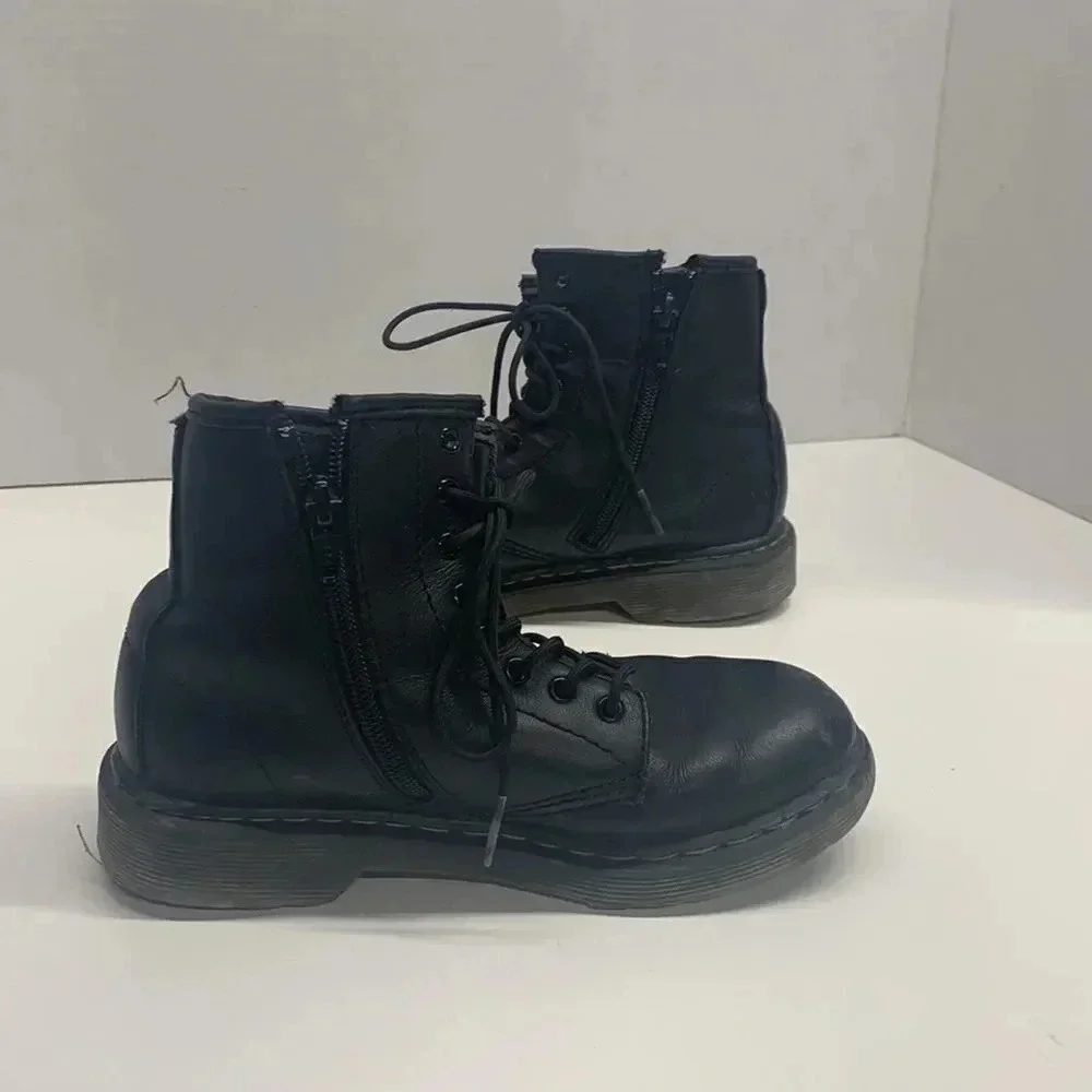Doc Dr. Martens Black Leather Lace Up Delaney Combat Boots Little Kids Youth 2